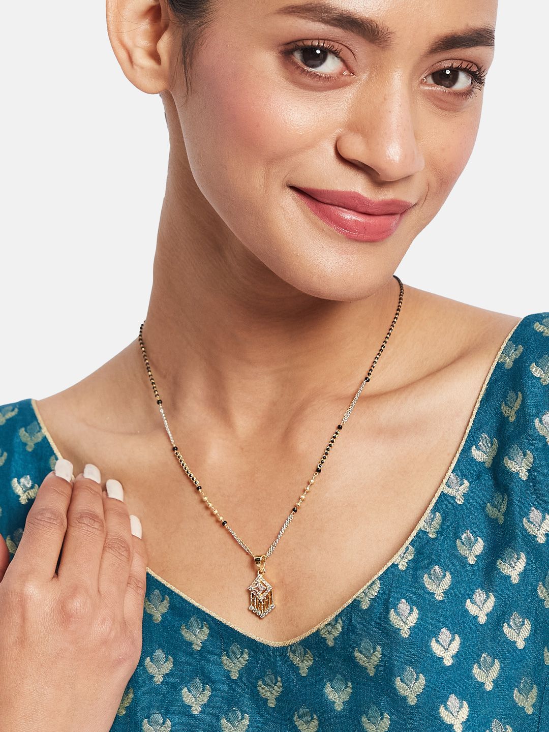 ATIBELLE Set of 2 Silver-Plated Cubic Zirconia Stones Studded and Beaded Mangalsutras