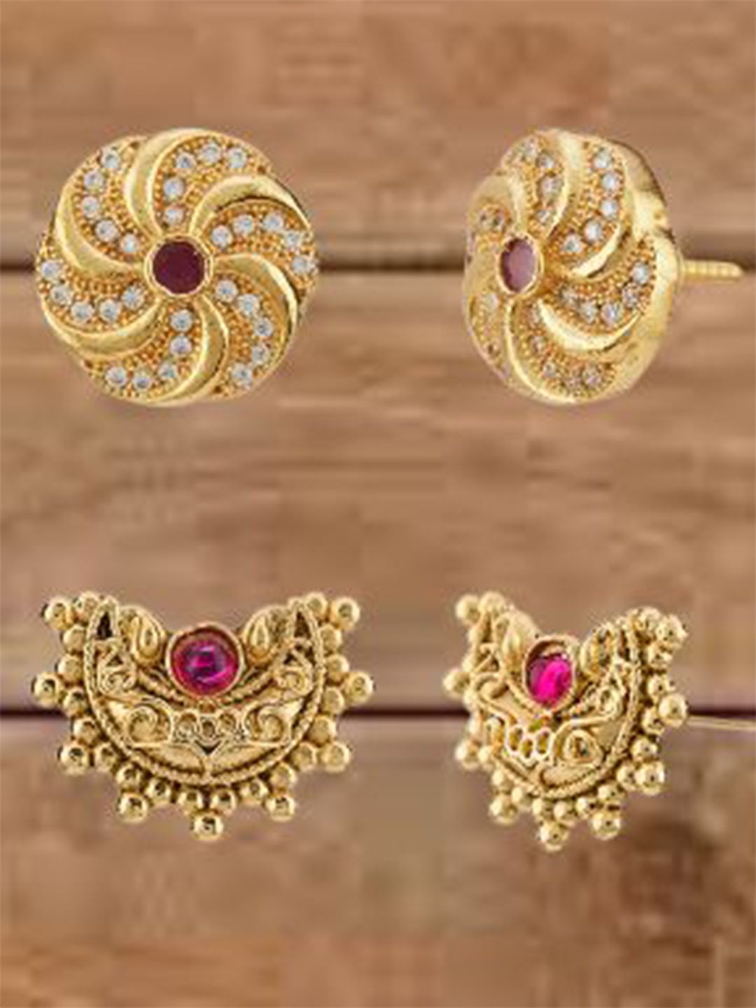 ATIBELLE Set Of 2 Gold-Plated Cubic Zirconia Studded Floral Shaped Studs