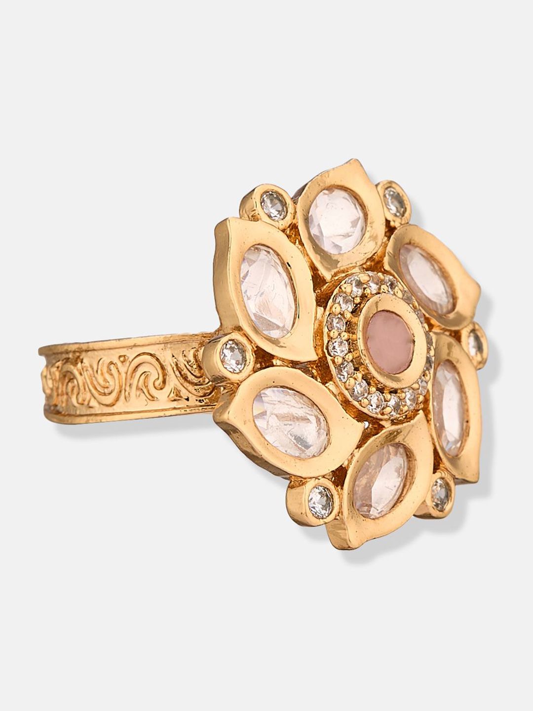 Atibelle set of 2 silver plated & polki kundan stone - studded  floral-shaped  rings