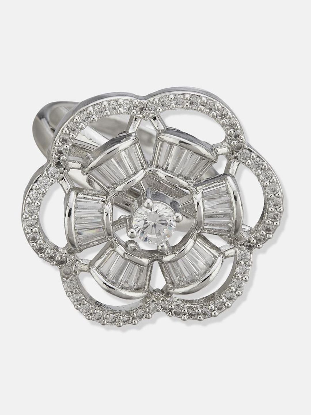 ATIBELLE Set Of 2 Silver-Plated & Rose Gold-Plated Cubic Zirconia Studded Adjustable Ring