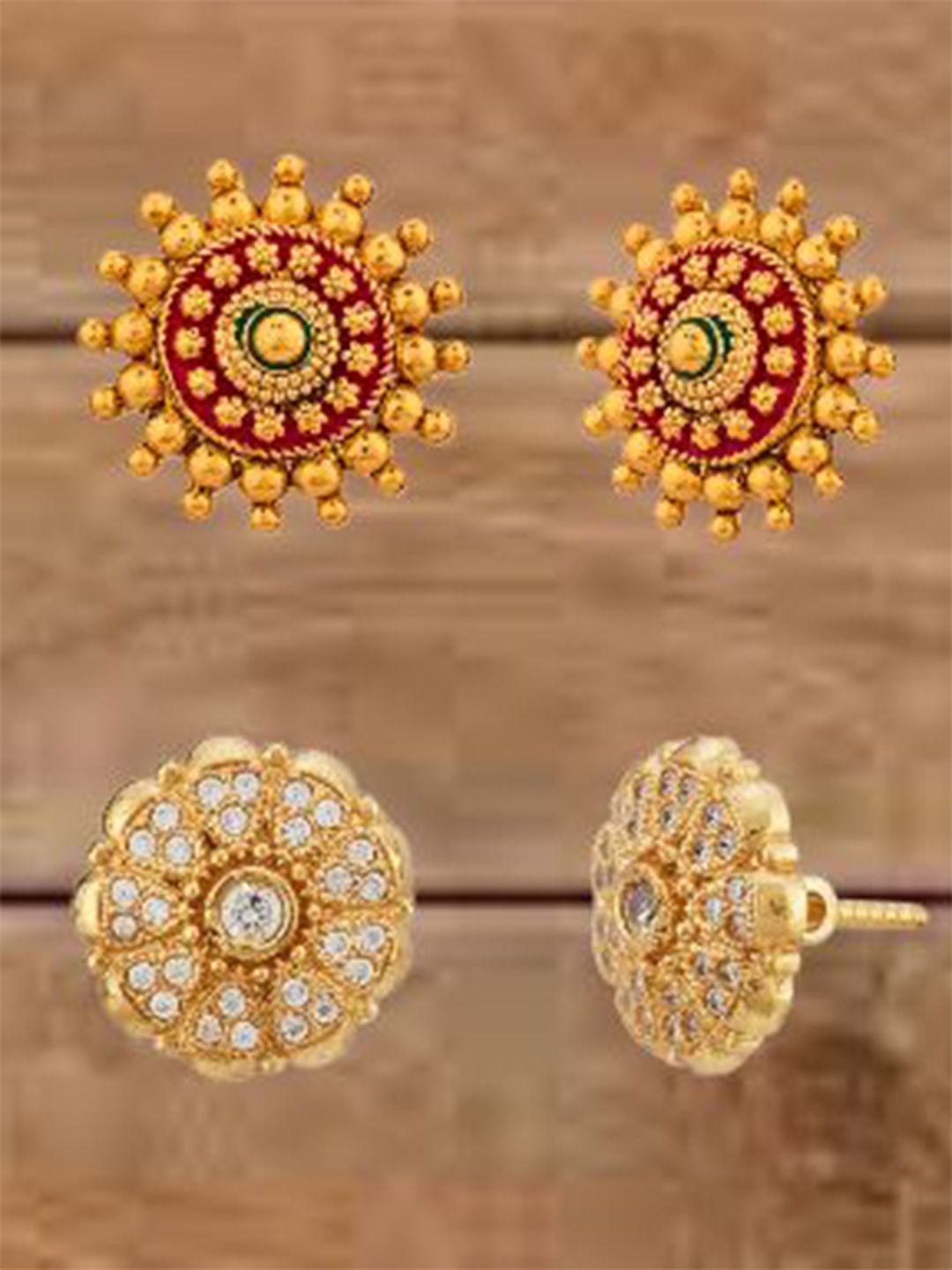 ATIBELLE Set Of 2 Gold-Plated Cubic Zirconia Studded Floral Shaped Meenakari Studs
