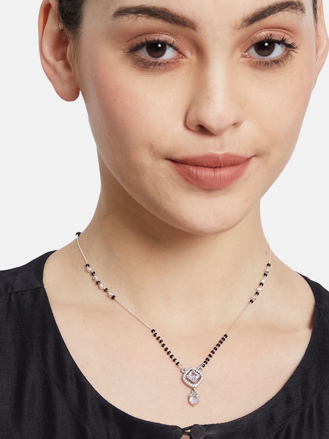 ATIBELLE Set of 2 Silver-Plated Cubic Zirconia Stones Studded and Beaded Mangalsutras