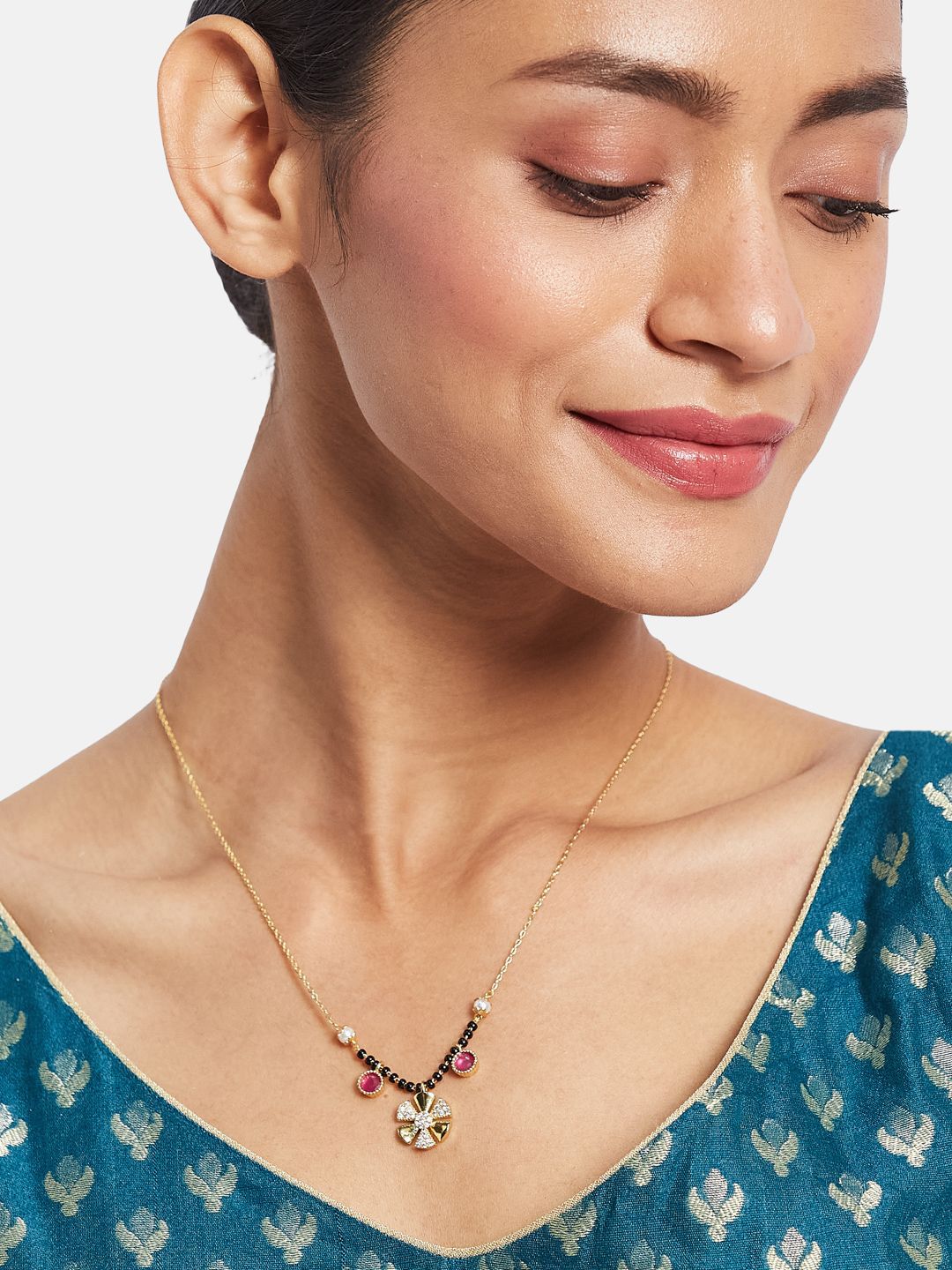 ATIBELLE Set of 2 Gold-Plated Cubic Zirconia Stones Studded and Beaded Mangalsutras