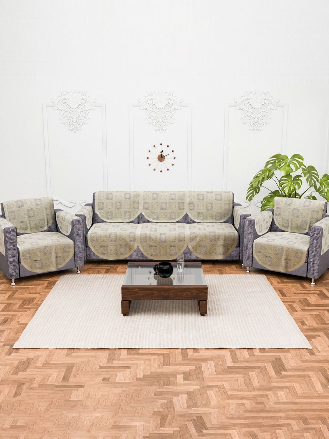 Myntra Elegant Homes Cream & White Floral Self Design 5 Seater Cotton Sofa Cover-picture-40