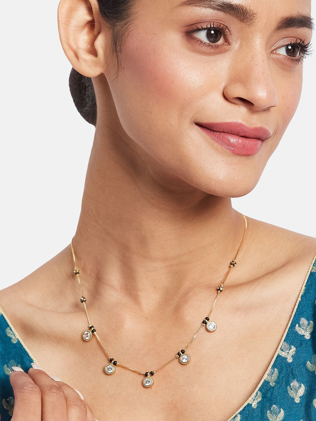 ATIBELLE Set of 2 Silver-Plated Cubic Zirconia Stones Studded and Beaded Mangalsutras