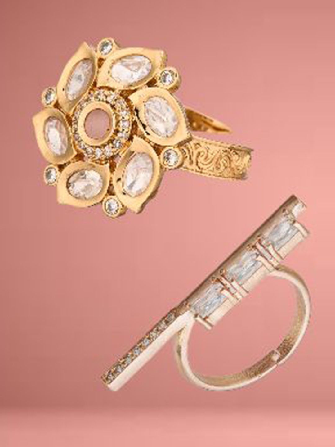 Atibelle set of 2 silver plated & polki kundan stone - studded  floral-shaped  rings
