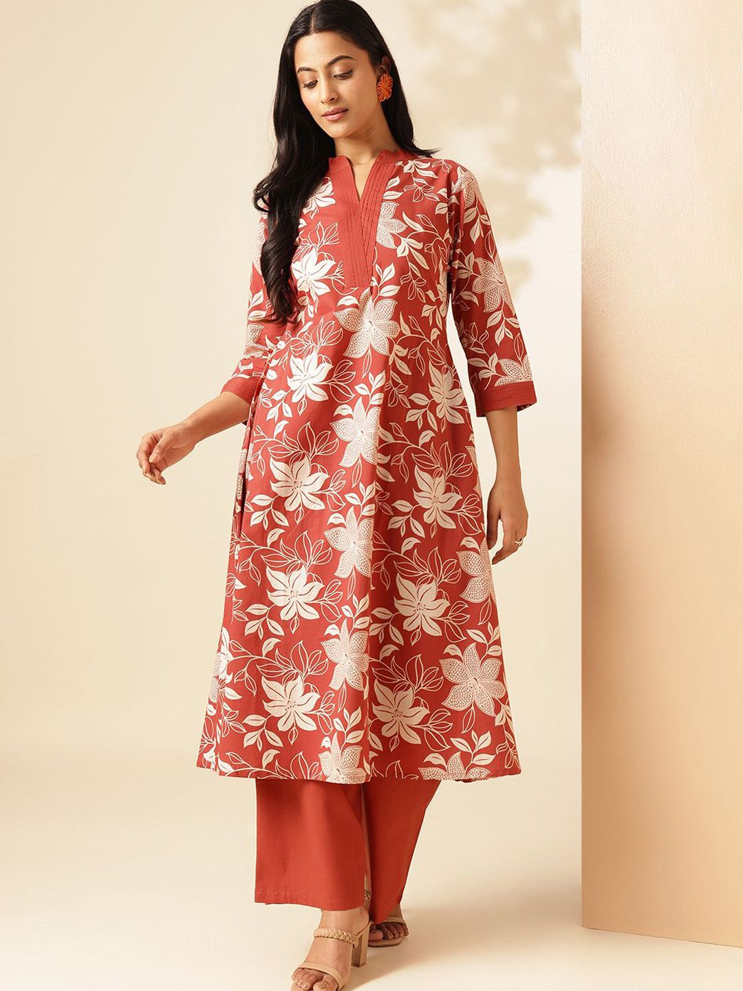 KALINI Floral Printed Mandarin Collar Pure Cotton Straight Kurta With Palazzos-picture-10