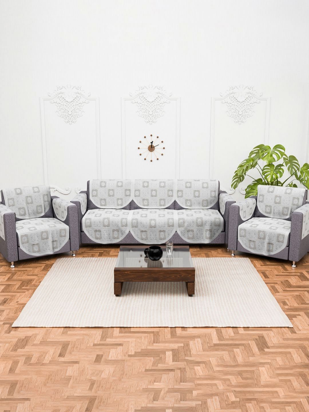 Myntra Elegant Homes White & Grey 16 Pcs Self Design 5 Seater Cotton Sofa Covers With Arms-picture-35