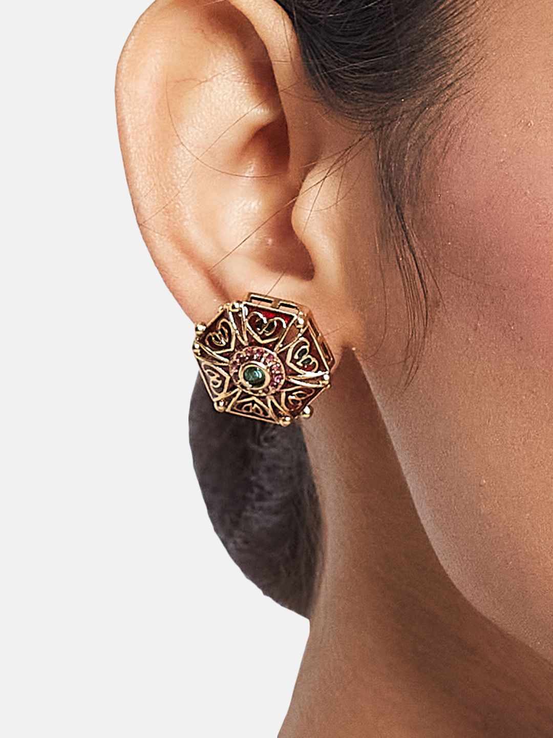 ATIBELLE Set Of 2 Gold-Plated Cubic Zirconia Studded Floral Shaped Meenakari Studs