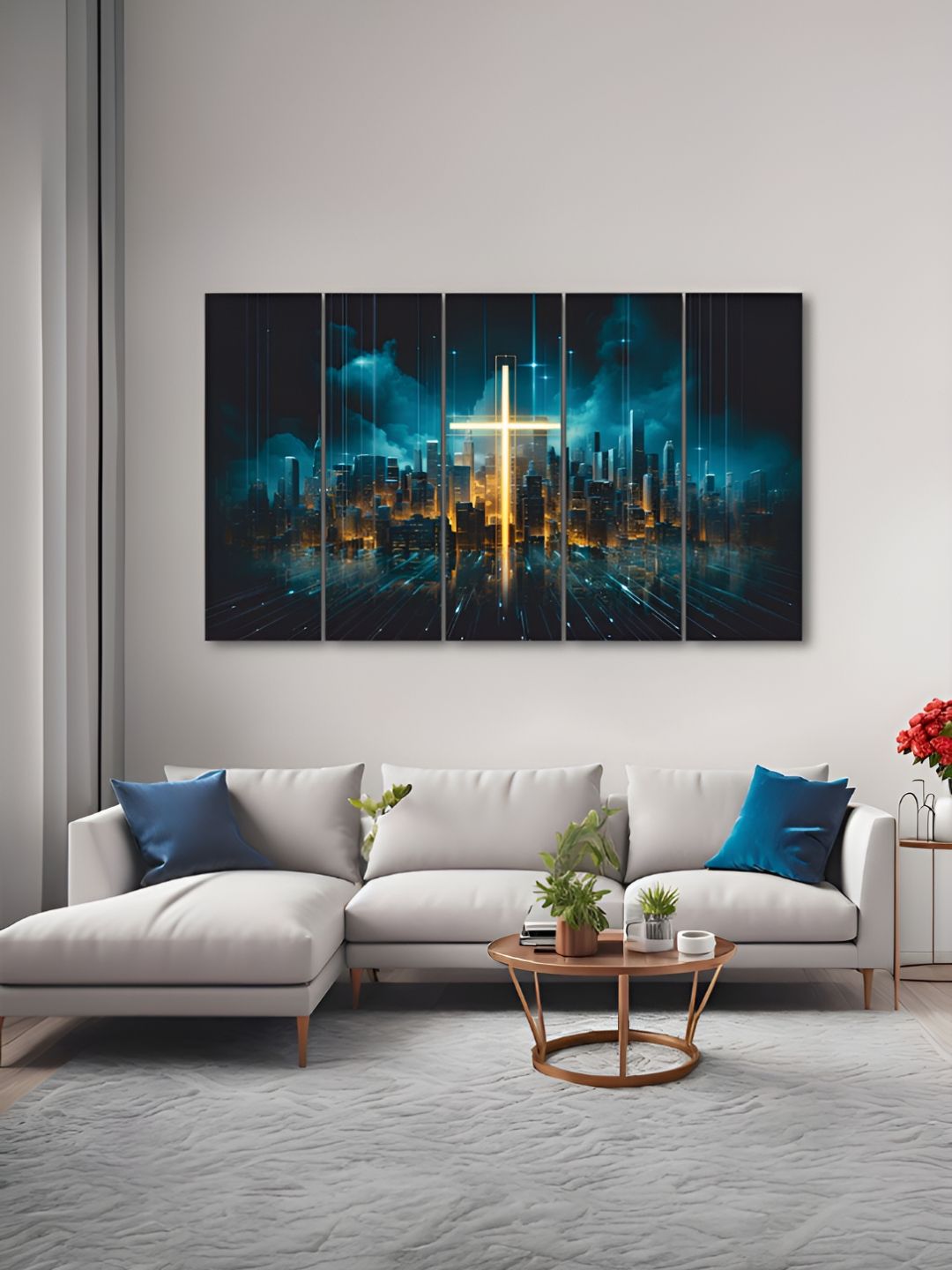 The Castle Decor Navy Blue & Gold-Toned 5 Pieces Religious Wooden Wall Arts-picture-13