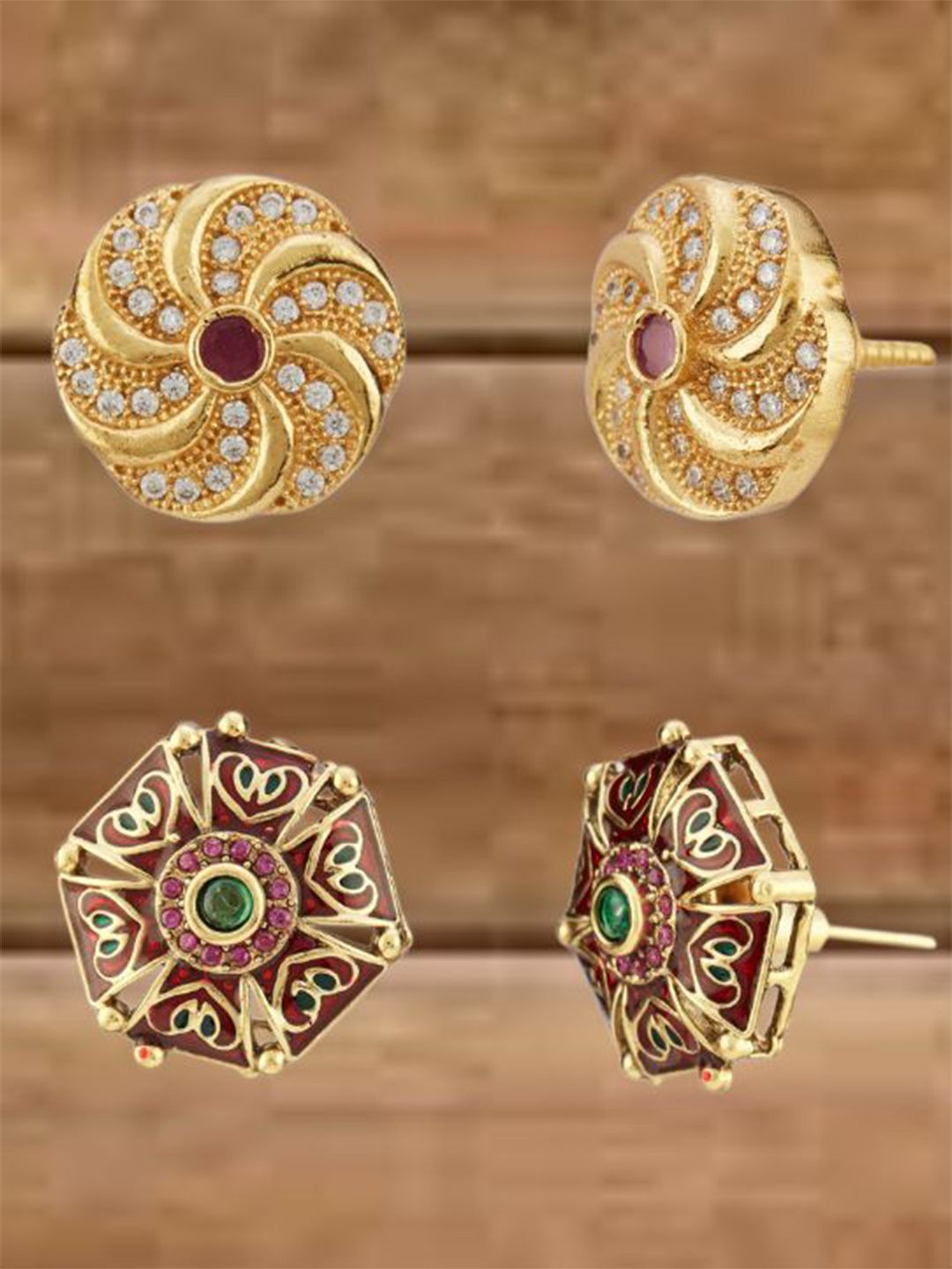ATIBELLE Set Of 2 Gold-Plated Cubic Zirconia Studded Floral Shaped Meenakari Studs
