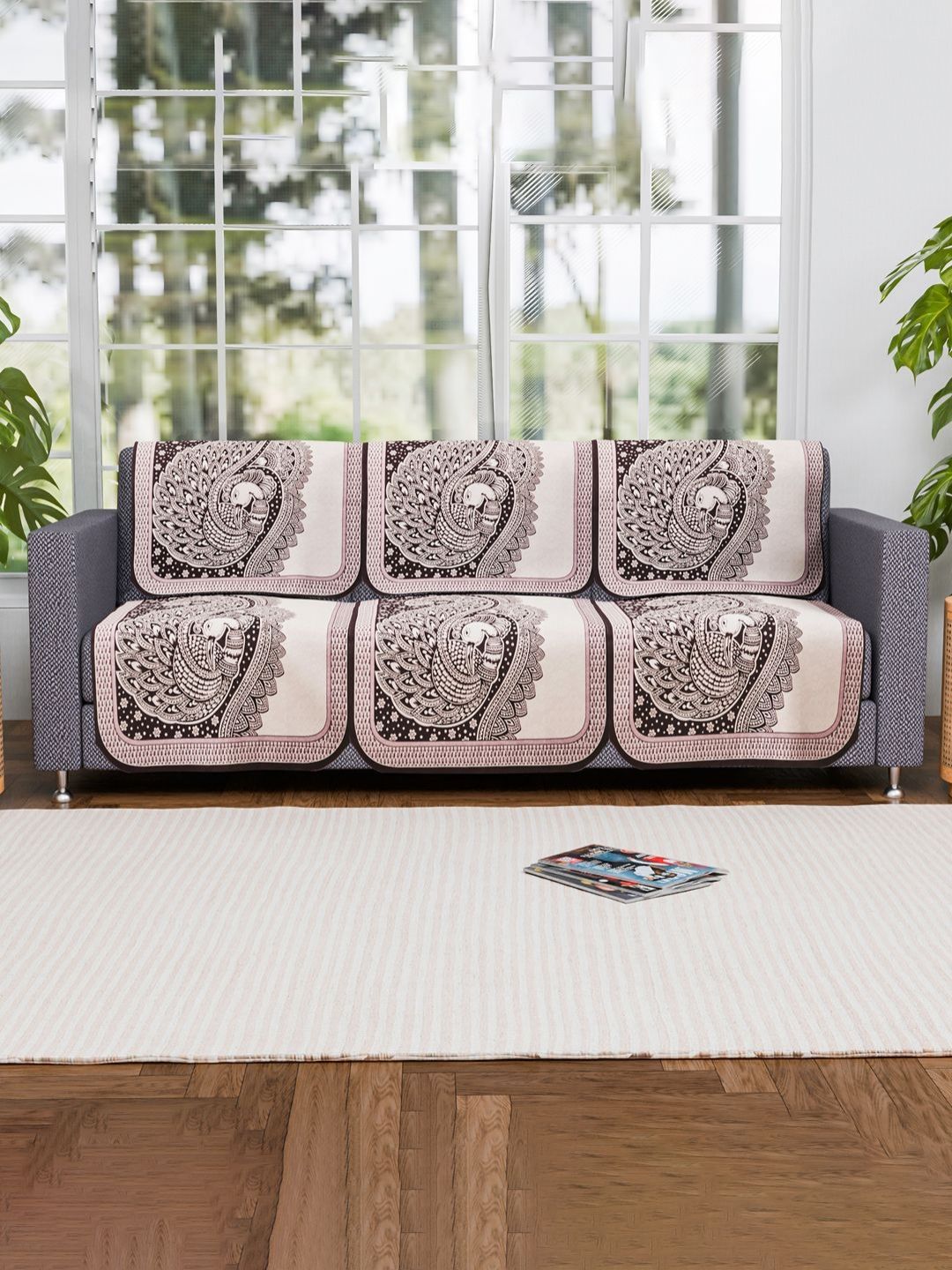 Myntra Elegant Homes Purple & White 6 Pieces 3 Seater Cotton Sofa Cover-picture-29