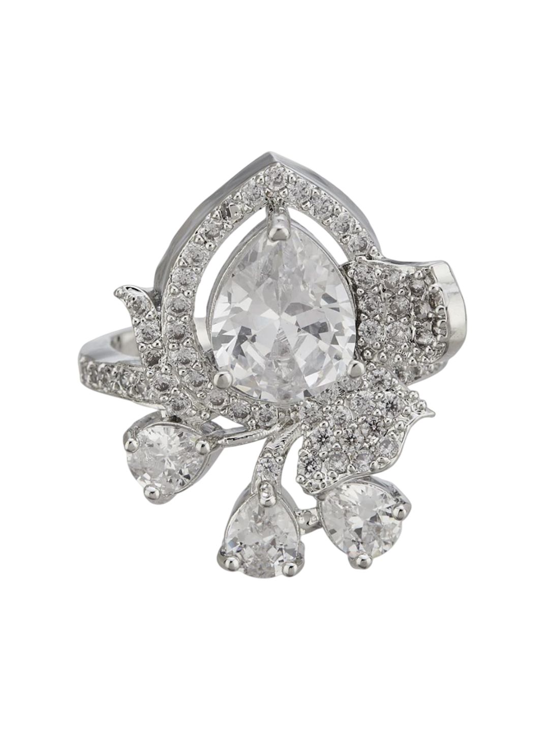 ATIBELLE Set Of 2 Silver-Plated Cubic Zirconia Stone Studded Adjustable Finger Ring