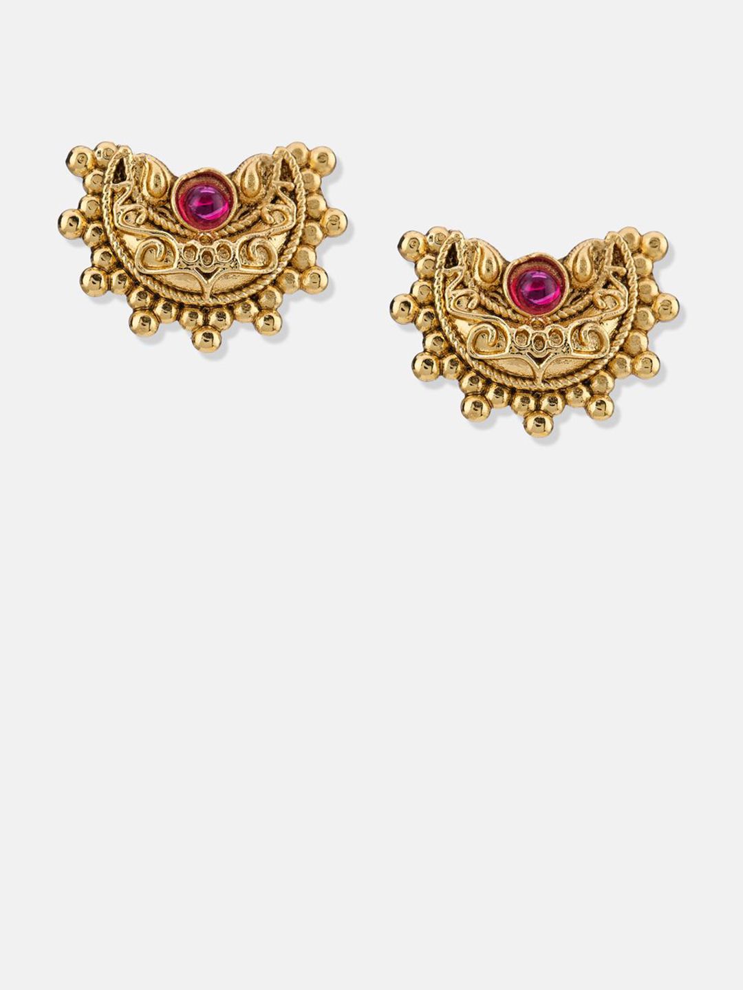 ATIBELLE Set Of 2 Gold-Plated Artificial Stones Studded Crescent Shaped Meenakari Studs