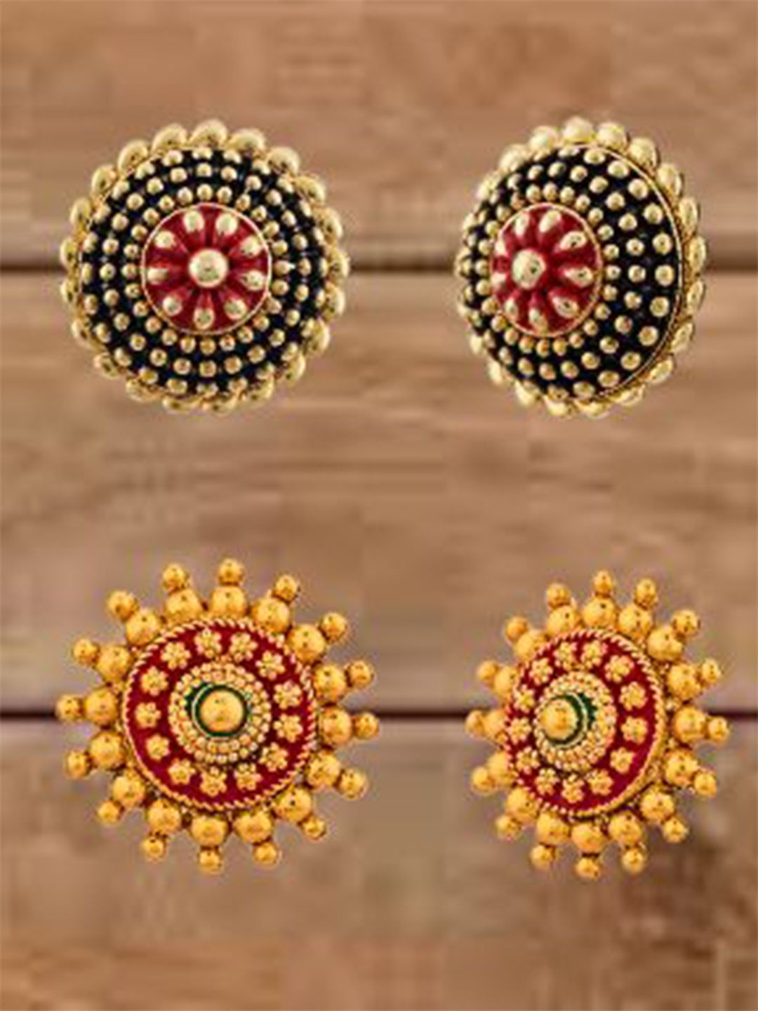 ATIBELLE Set Of 2 Gold-Plated Floral Shaped Meenakari Studs