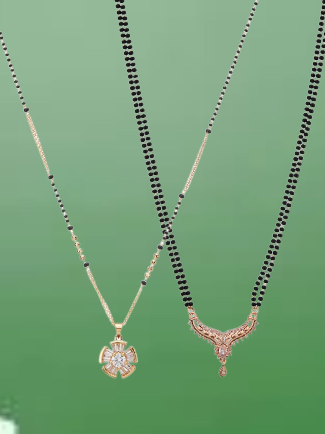 ATIBELLE Set of 2 Gold-Plated Cubic Zirconia Stones Studded and Beaded Mangalsutras