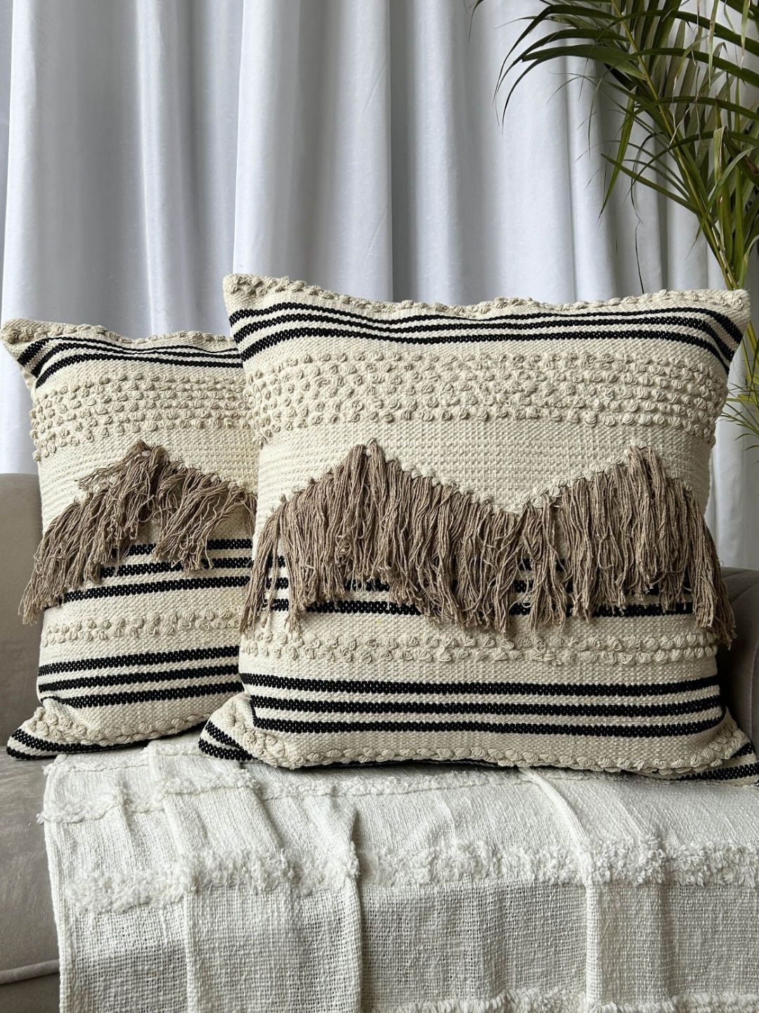 EXPORT HOUSE Beige & Black Set of 2 Square Cushion Covers-picture-30