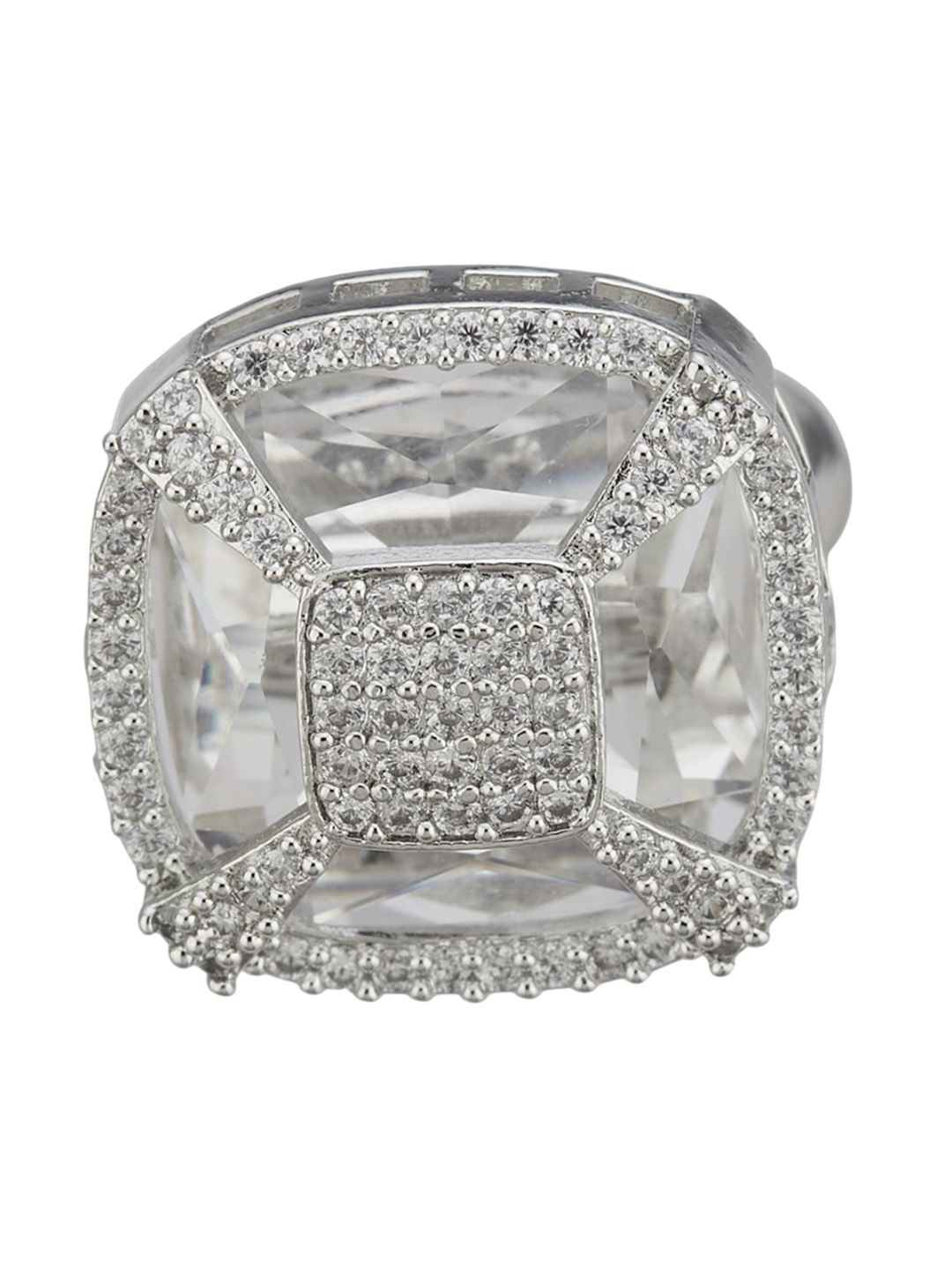 ATIBELLE Set Of 2 Silver-Plated Cubic Zirconia Stone Studded Adjustable Finger Ring
