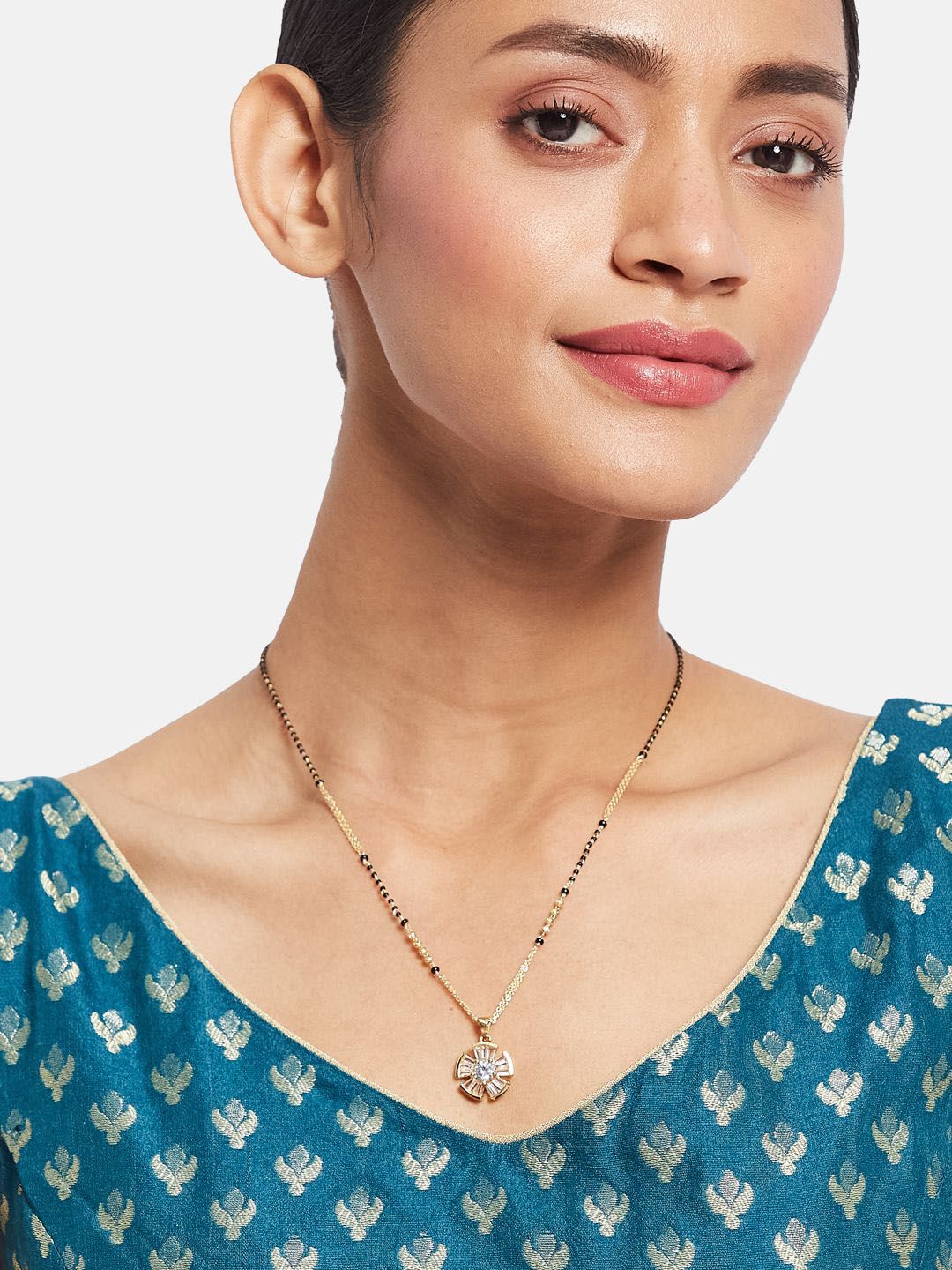 ATIBELLE Set of 2 Gold-Plated Cubic Zirconia Stones Studded and Beaded Mangalsutras
