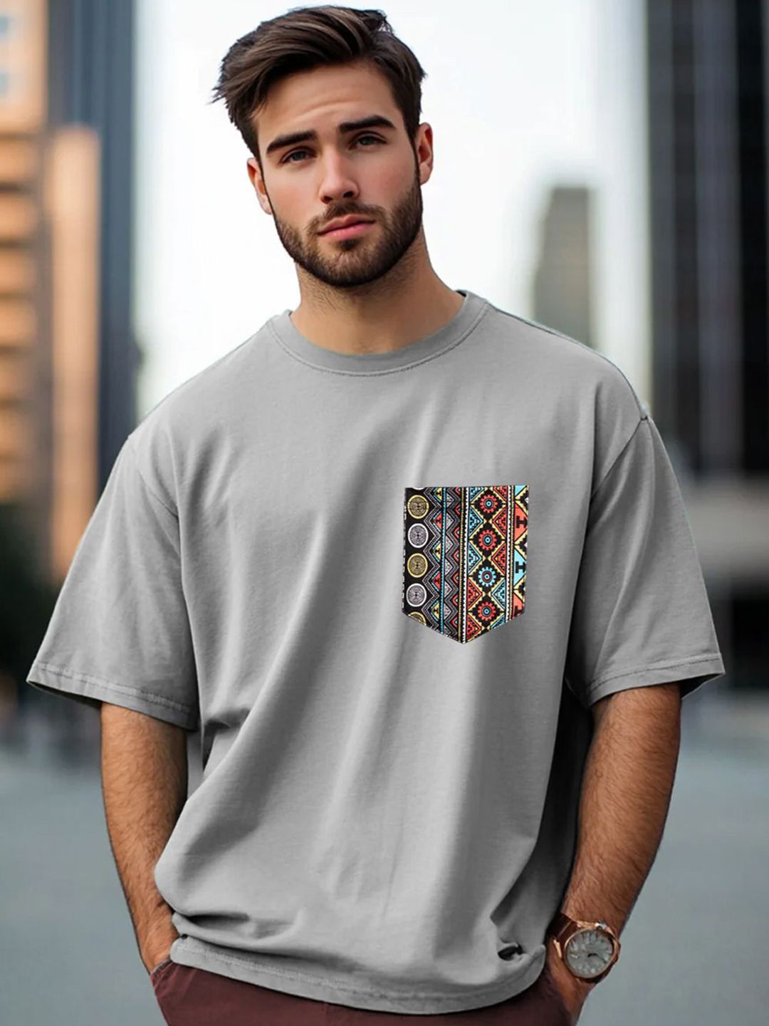 Genzy Men Graphic Printed Drop-Shoulder Sleeves Oversized Pocket Cotton T-shirt-picture-18