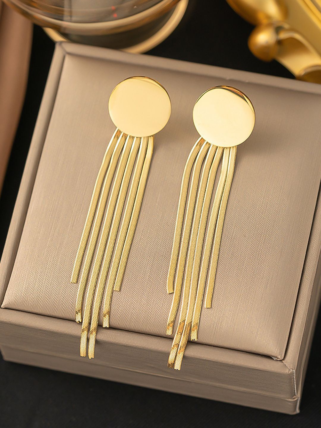 Designs & You Stainless Steel Gold-Plated Tasselled Contemporary Drop Earrings-picture-16