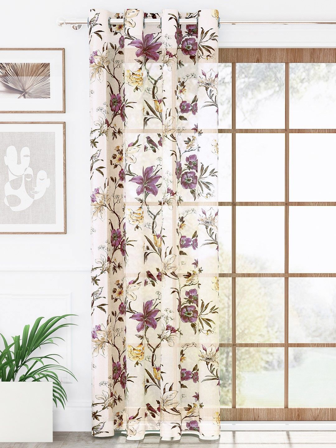 Story@home Cream-Coloured & Purple Floral Sheer Long Door Curtain-picture-20