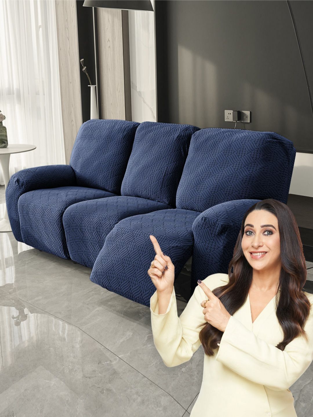 HOKIPO Navy Blue Jacquard 3 Seater Sofa Cover With Arms