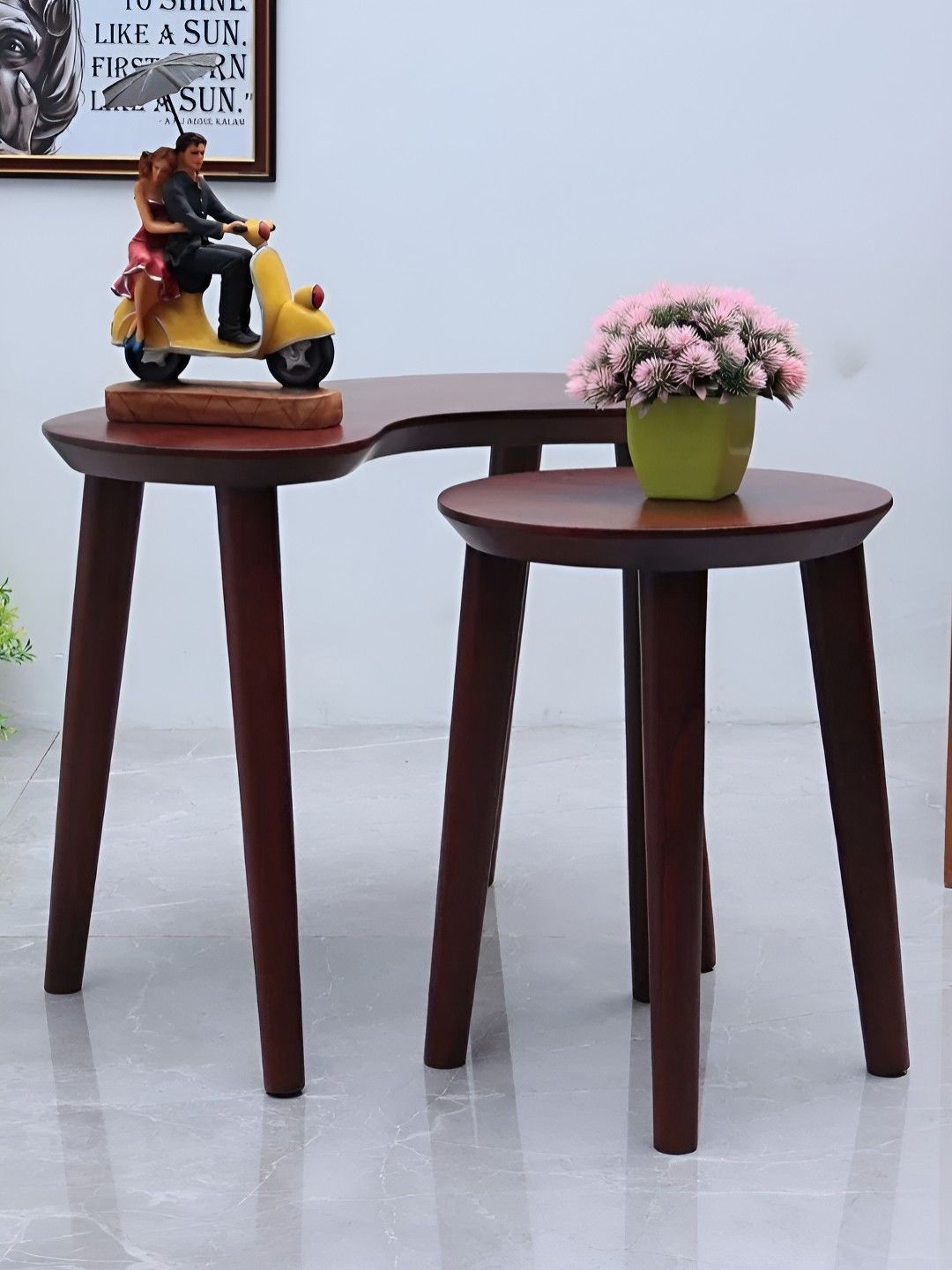 DZYN Furnitures Convo Teak 2 Pieces Brown Abstract Shaped And Round Wooden Nesting Table