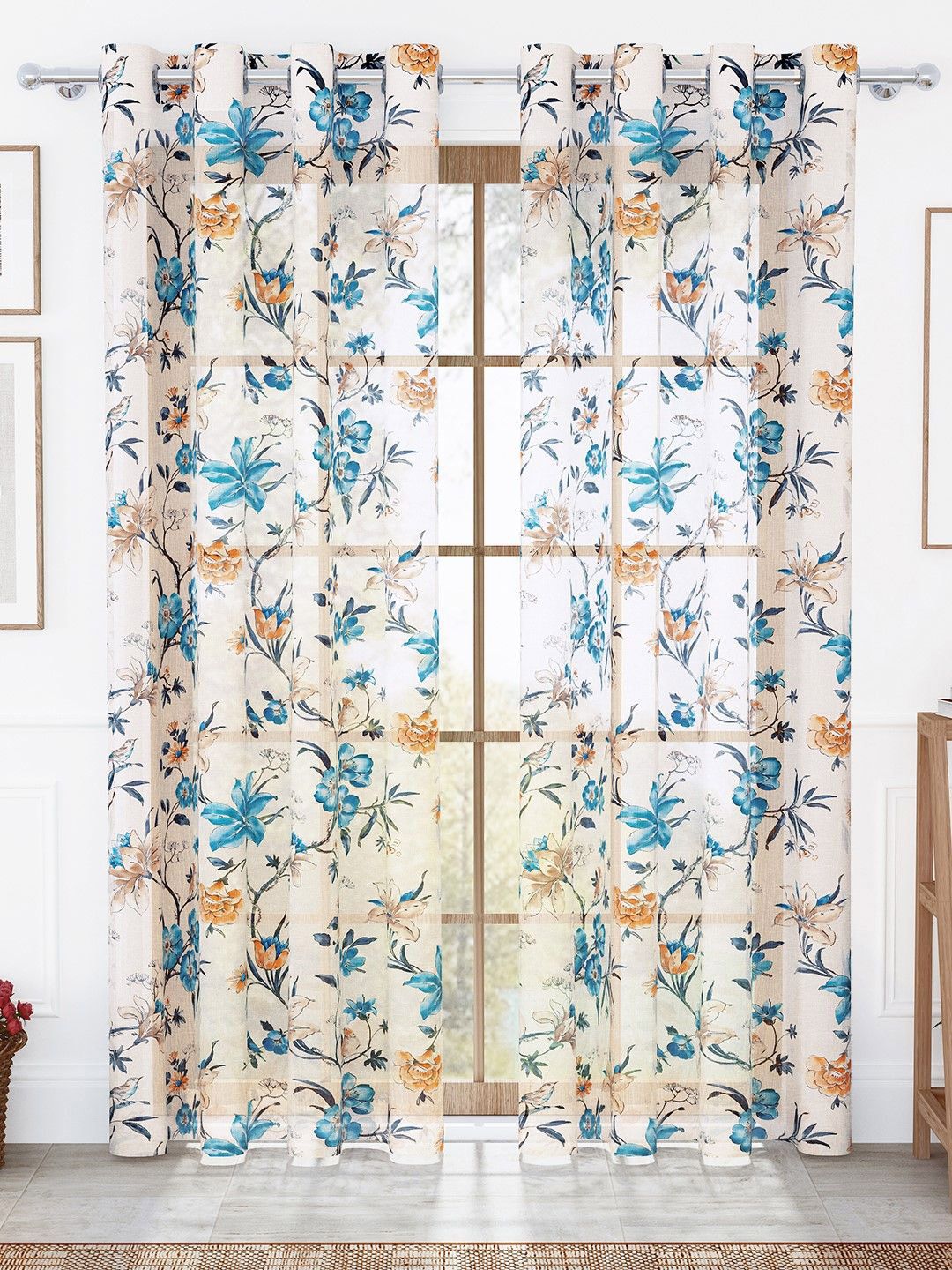 Story@home Cream-Coloured & Blue Set of 2 Floral Sheer Door Curtain-picture-18