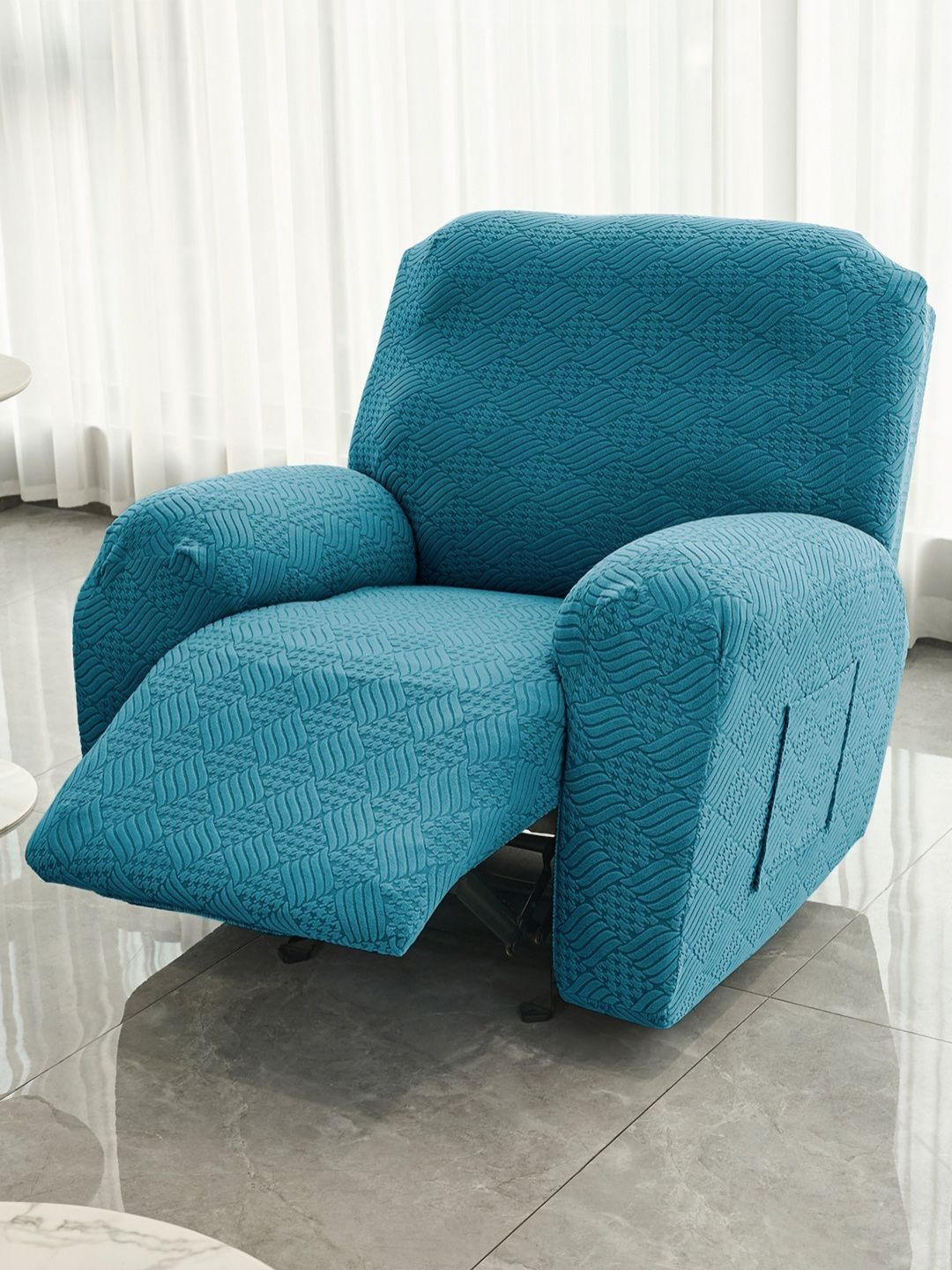 HOKIPO Turquoise Blue Jacquard 1 Seater Recliner Chair Cover With Arms-picture-6