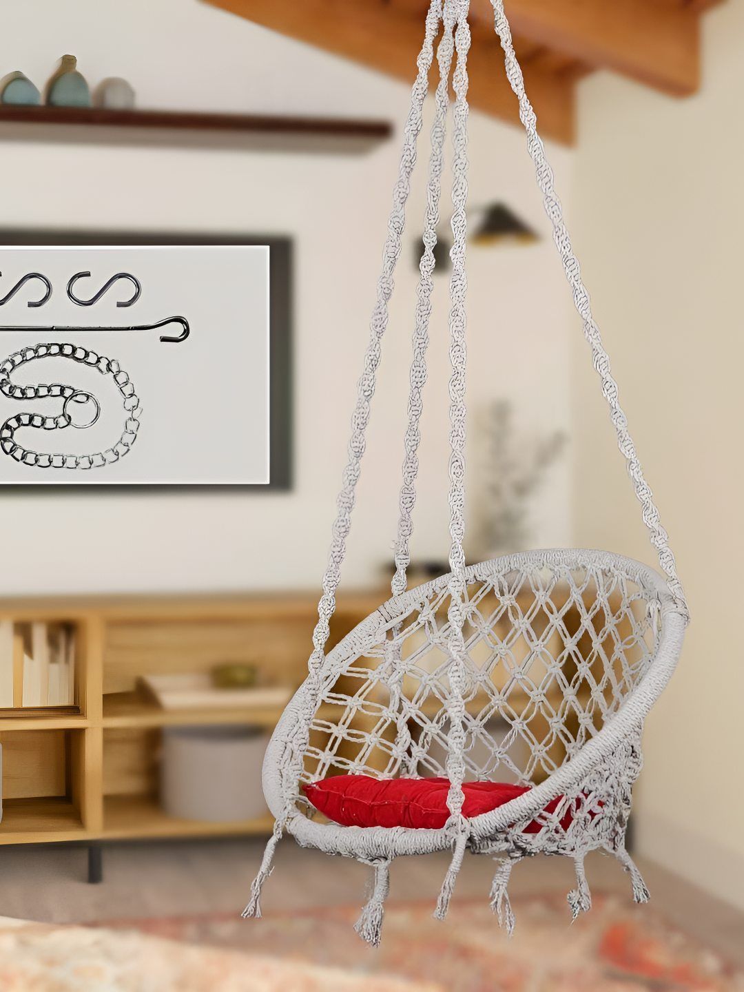 Swingzy White & Red Round-Shaped Hammock Swing With Cushion