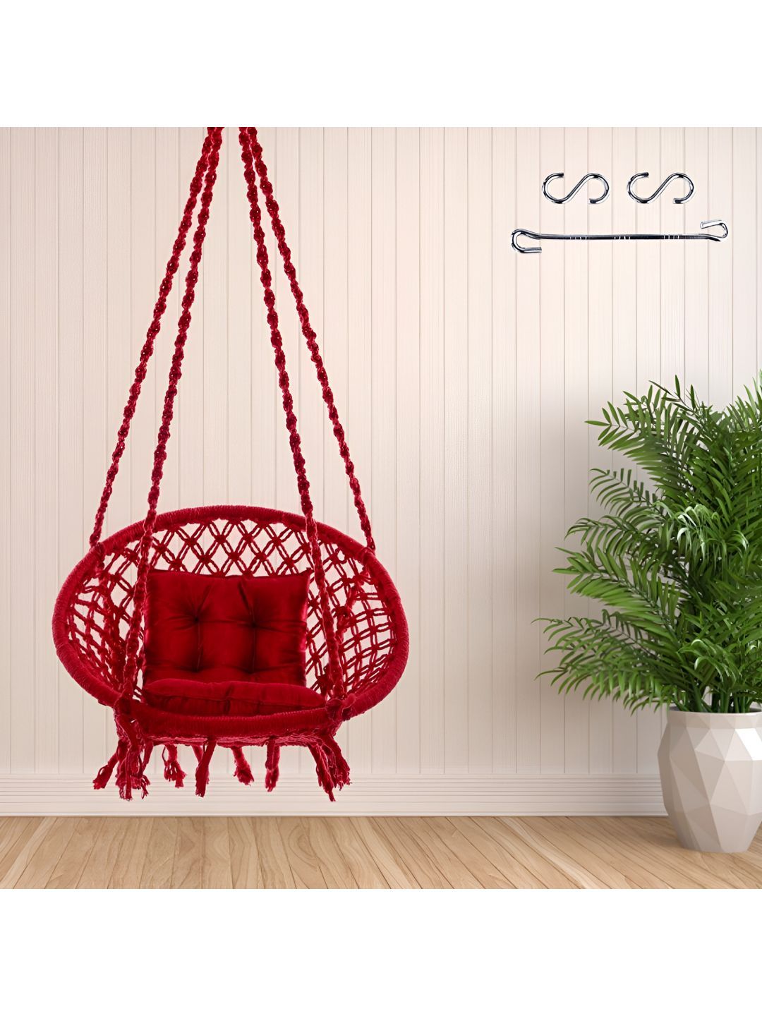 Swingzy Red Textured Round Hammock Swing With Cushion