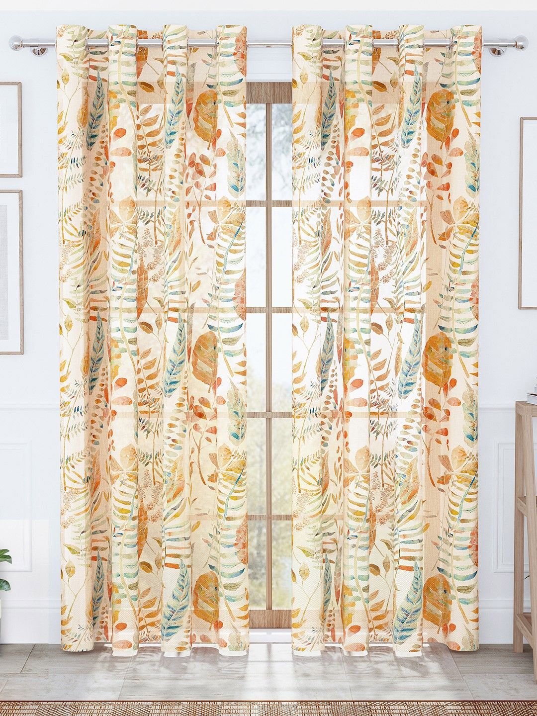 Story@home Cream-Coloured & Orange Set of 2 Floral Sheer Door Curtain-image-11
