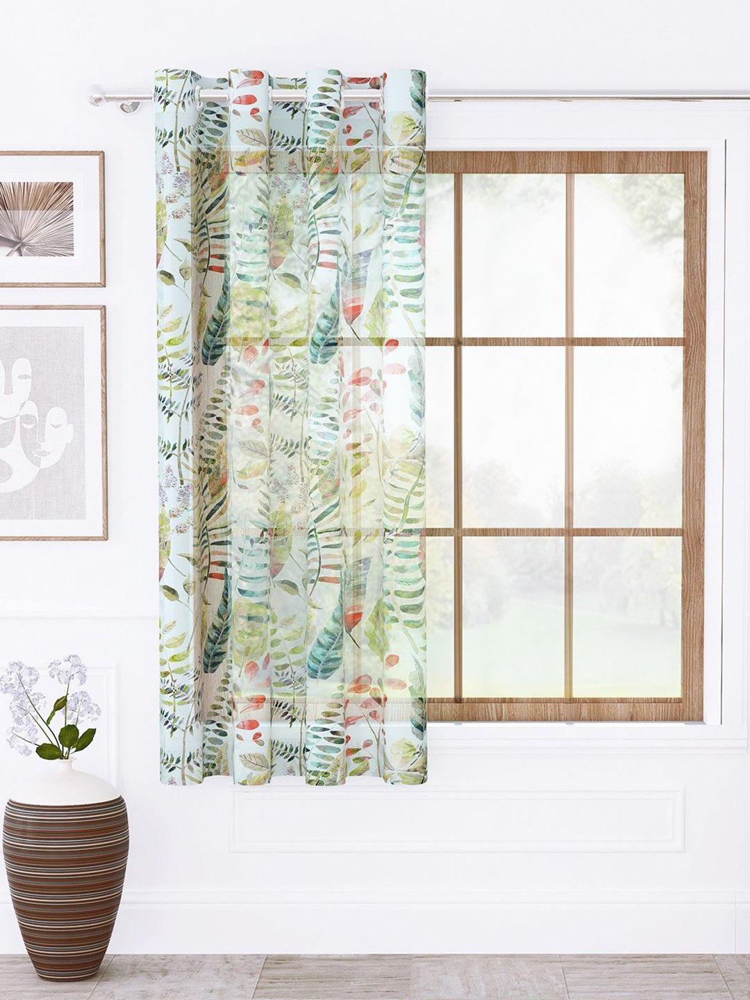 Story@home White & Green Floral Sheer Window Curtain-image-47