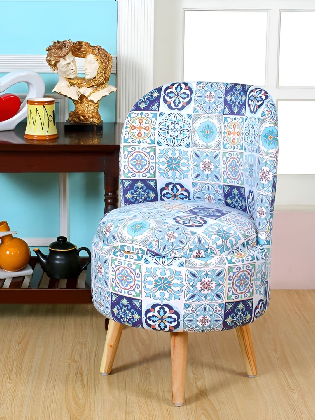 Shadowkart White & Beige Ethnic-Printed Wooden Sitting Stool Ottoman-image-32