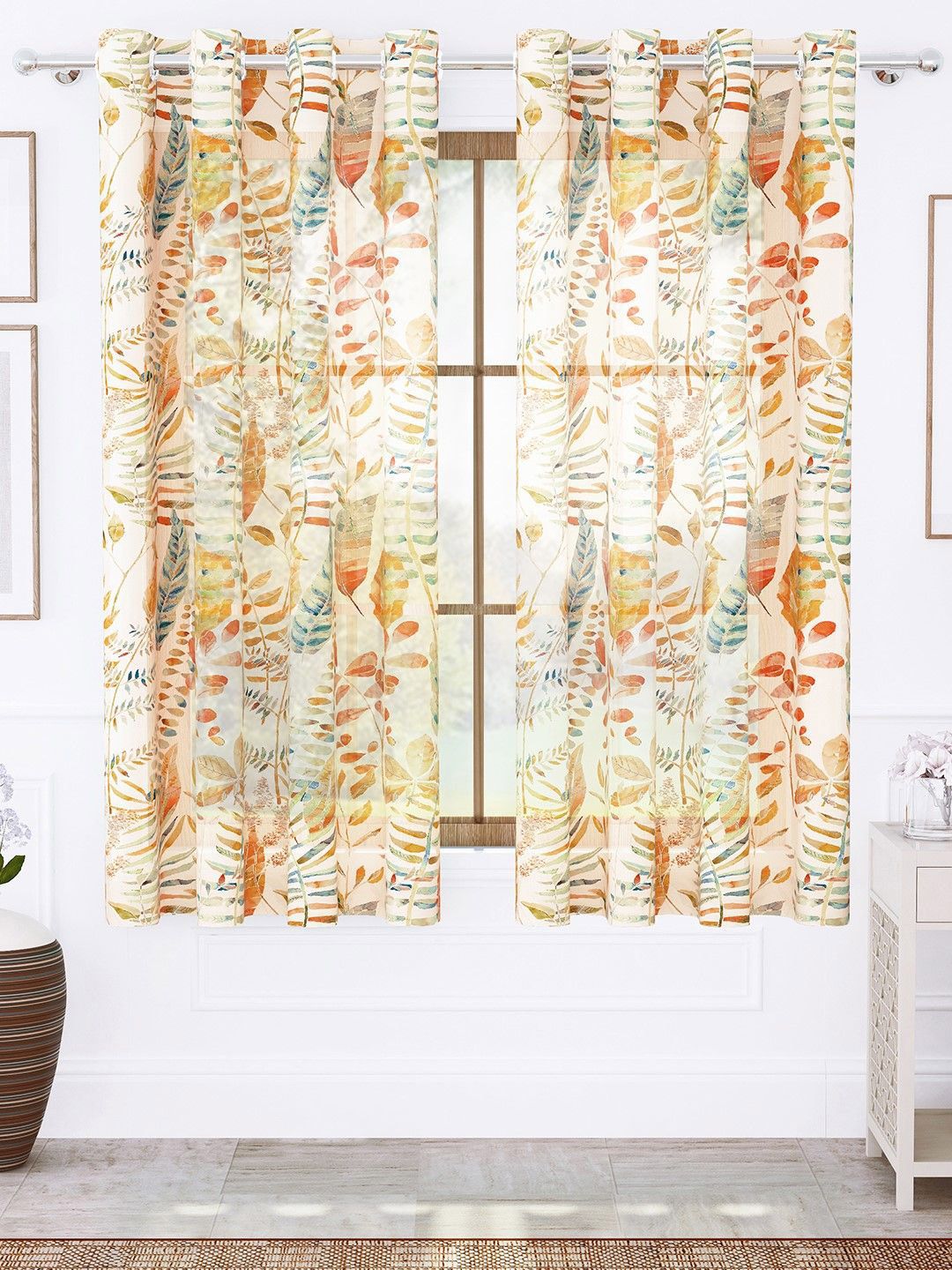 Story@home Cream-Coloured & Red Set of 2 Floral Sheer Window Curtain-picture-15