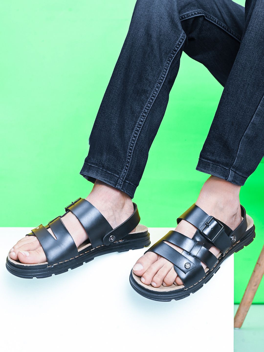 Killer Men Black Leather Comfort Sandals With Buckle-image-8