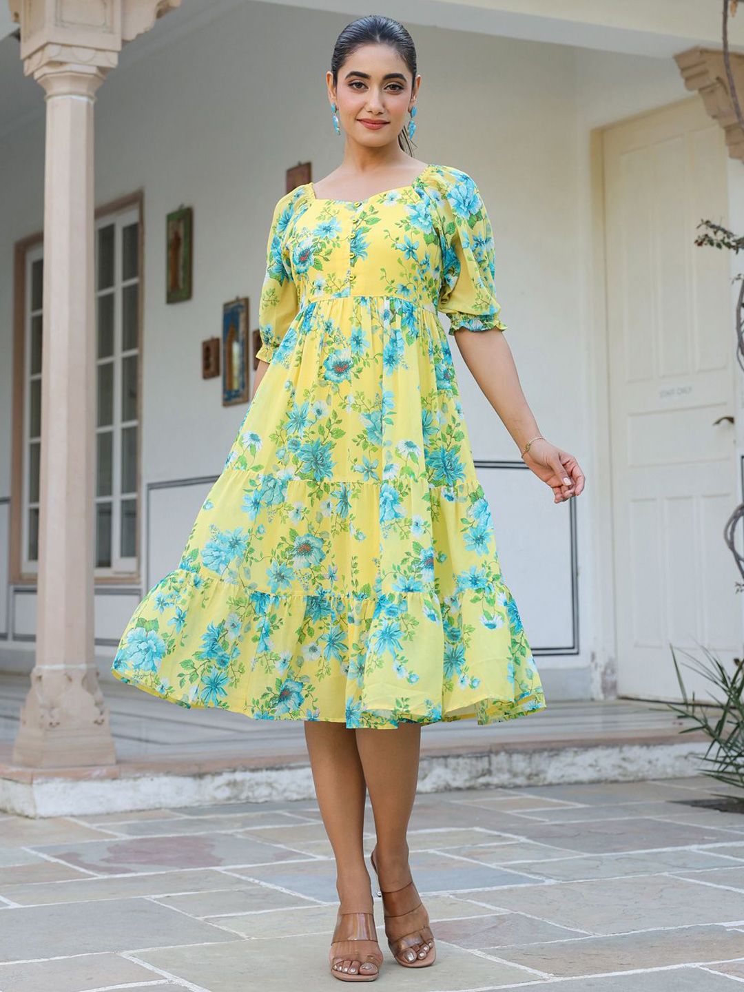 Janasya Women's Blue Georgette Floral Printed Flared Ethnic Dresses-picture-16