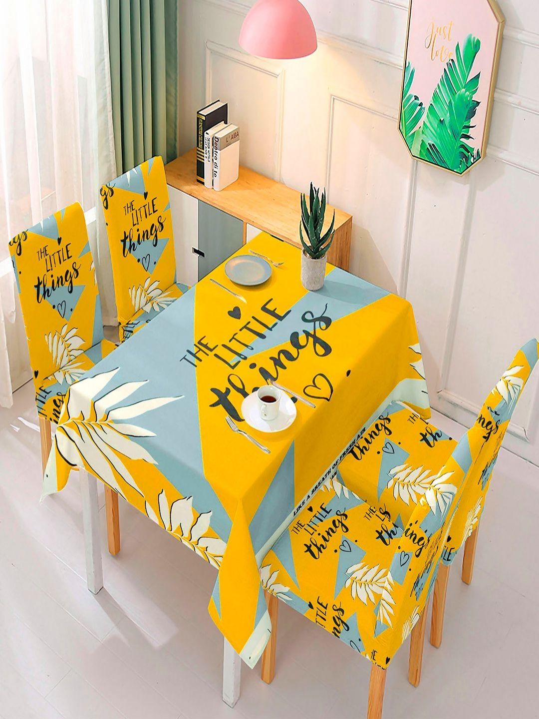 HOKIPO Yellow & Grey 5 Pieces Typography Printed Chair Covers With Matching Tablecloth-image-1