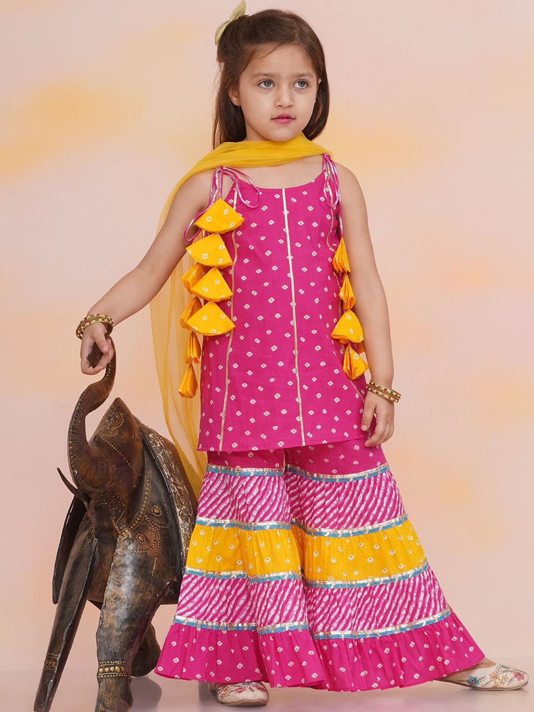 KID1 Girls Bandhani Printed Pure Cotton Kurta with Sharara & Dupatta-picture-54