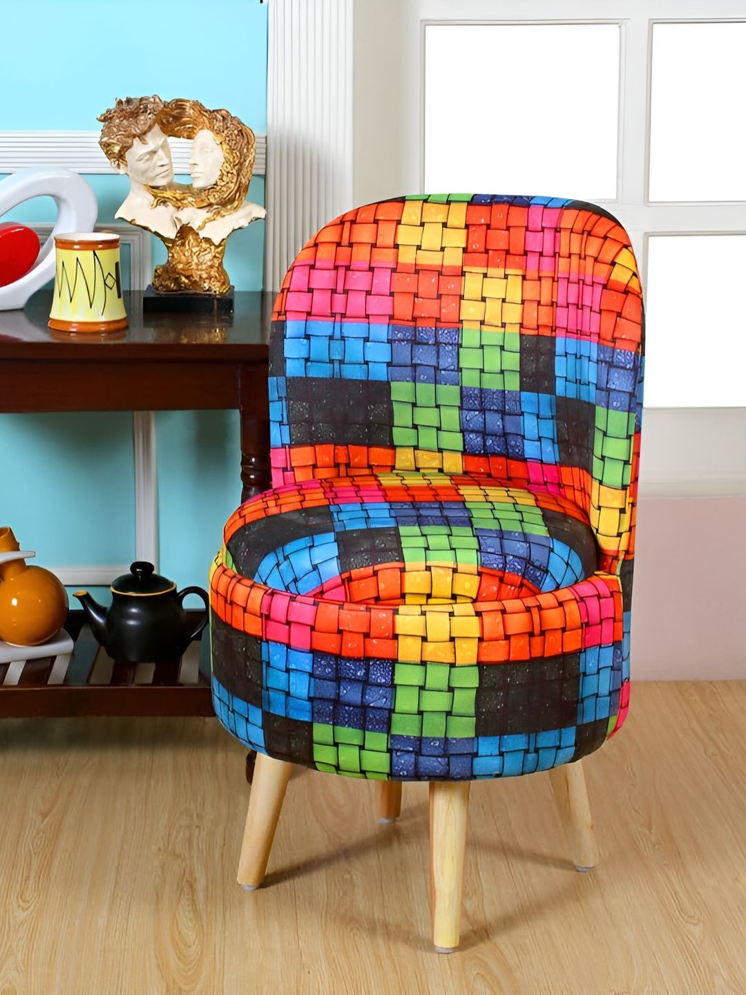 Shadowkart Blue & Red Checked Wooden Round Ottoman-image-11