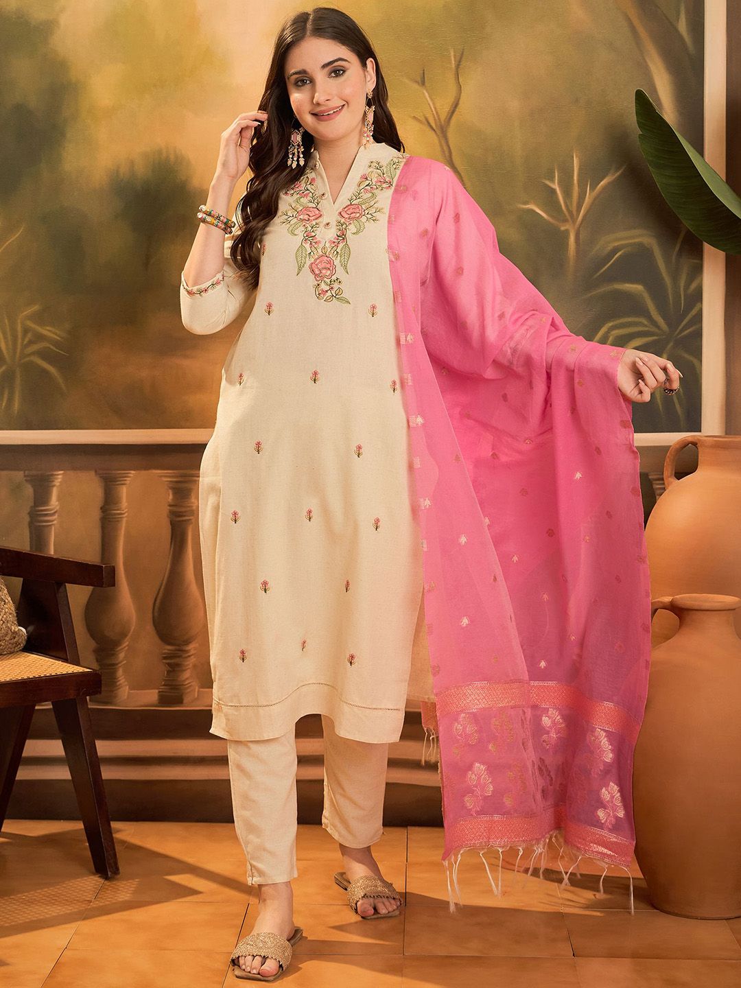 Sangria Floral Embroidered Mandarin Collar Pure Cotton Kurta And Trousers With Dupatta
