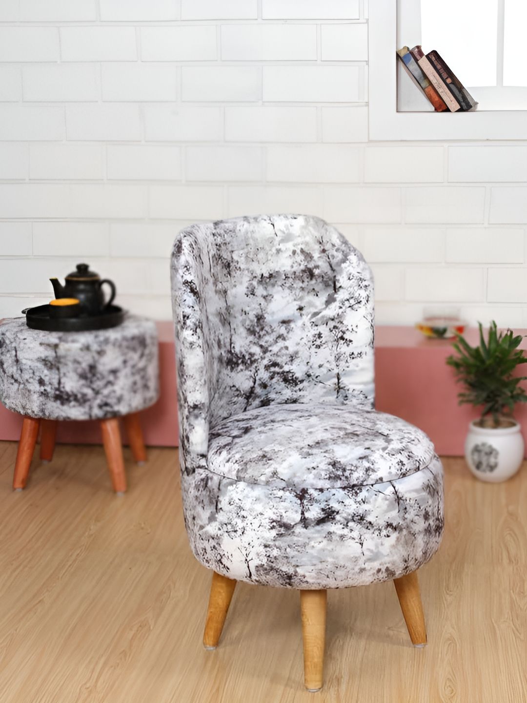 Shadowkart Black & Grey Printed Wooden & Velvet Round Ottoman-image-38