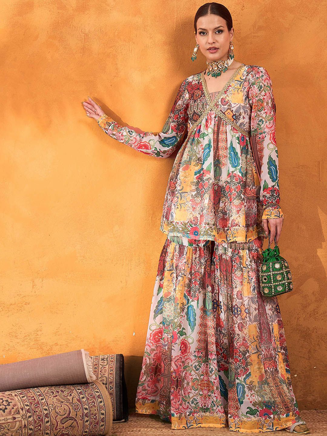 Shae by SASSAFRAS Floral Printed V-Neck Empire A-Line Kurti With Sharara-picture-27