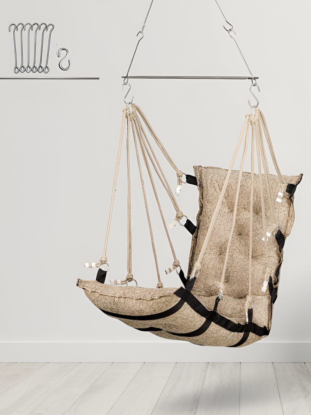 Swingzy Black & Beige Textured Hanging Hammock Swing With Cushion