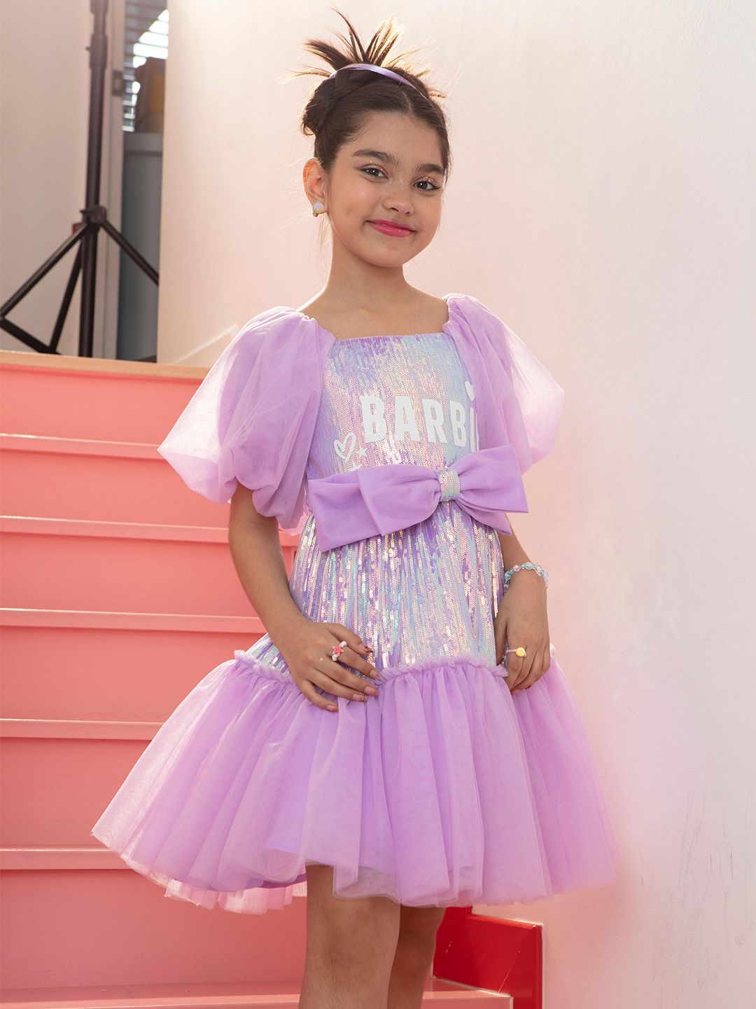 Tiny Girl Puff Sleeve Fit & Flare Dress-image-46