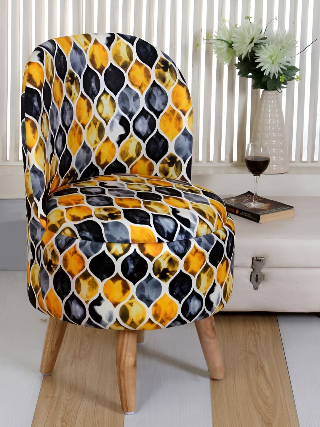 Shadowkart Black & Yellow Printed Wooden & Velvet Round Ottoman-image-12