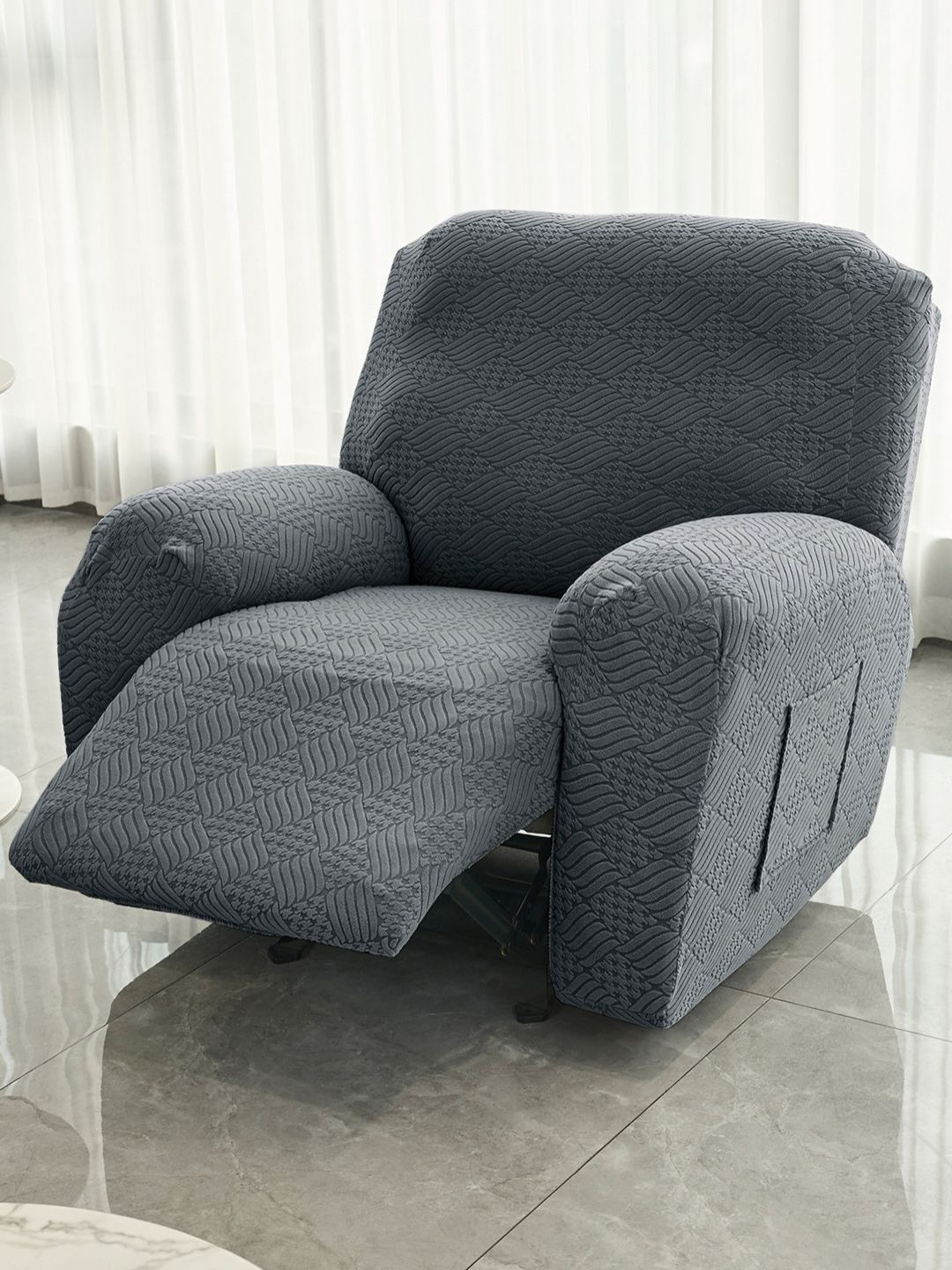HOKIPO Grey Jacquard Recliner Cover With Arms-picture-1