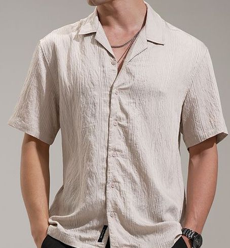 Men's Striped White Short Sleeve Relaxed Fit Cuban Collar Shirt