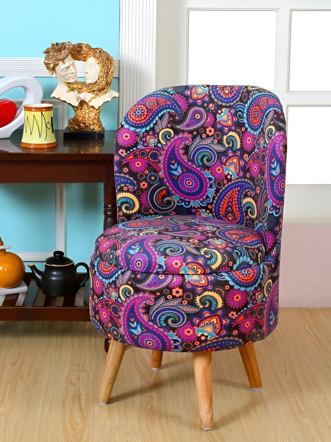 Shadowkart Purple & Blue Printed Wooden & Velvet Round Ottoman-picture-20